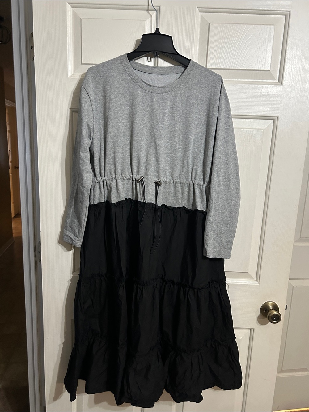 Two-Tone Gray and Black Long Sleeve Tiered Dress